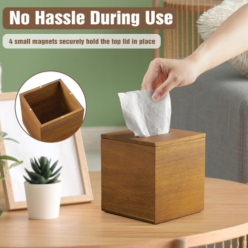 Dreamkey Acacia Wood Tissue Box Cover, Square Tissue Box Holder with Removable Top Lid, Solid Wooden Tissue Box Dispenser for Bathroom, Bedroom, Office