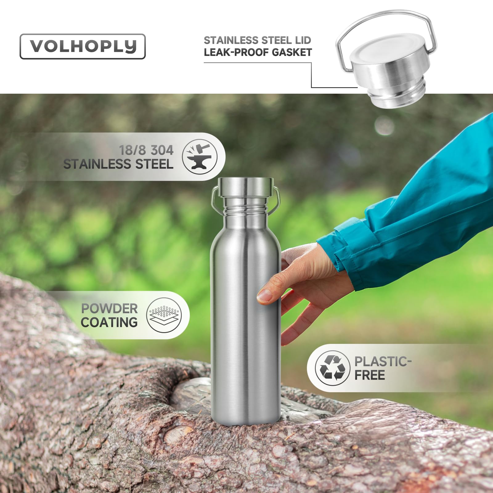 Volhoply 26oz Uninsulated Single Walled Water Bottle, Stainless Steel Reusable Water Bottles with Handle & Carabiner, BPA Free Wide Mouth Water Bottles for Gym Sports Camping(Silver,1)