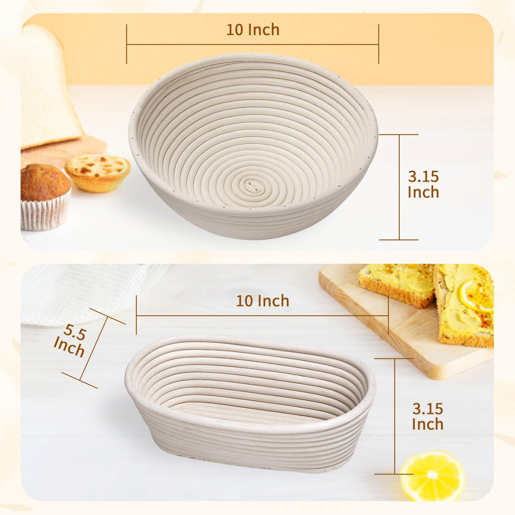 PeacePeo Banneton Proofing Basket Set,10 Inch Round & Oval Natural Rattan Sourdough Bread Proofing Basket Reusable Bread Baking Supplies with Sourdough Starter Jar, Perfect for Artisan Loaf Shaping