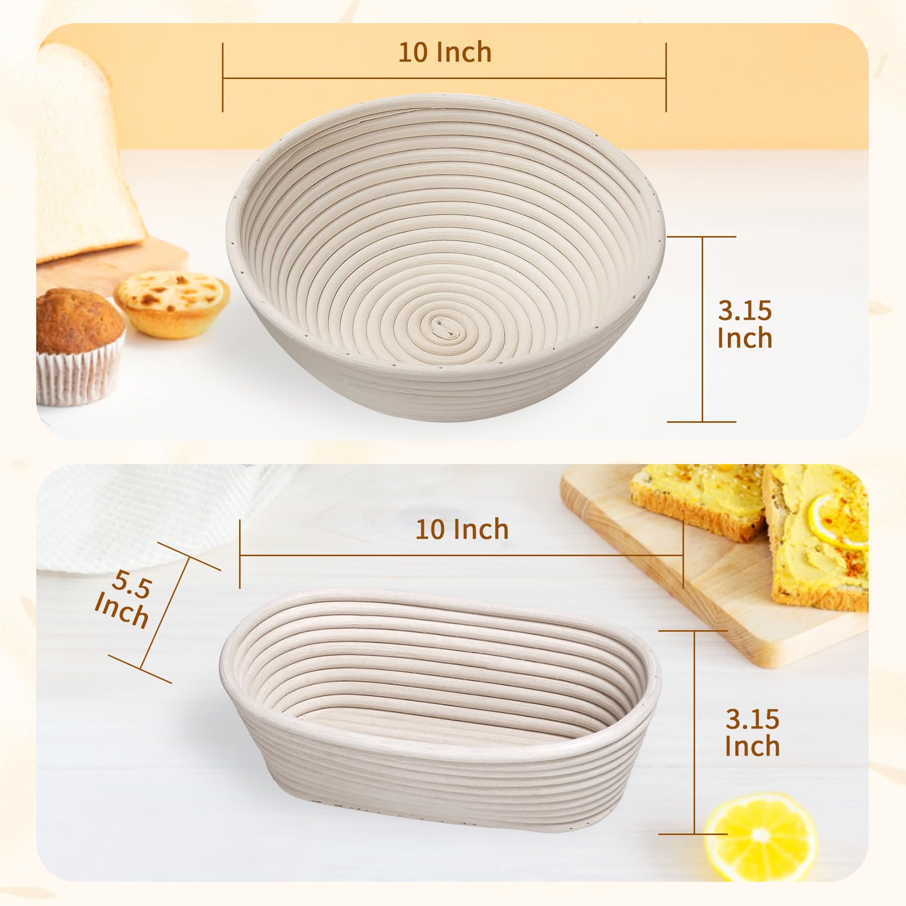 PeacePeo Banneton Proofing Basket Set,10 Inch Round & Oval Natural Rattan Sourdough Bread Proofing Basket Reusable Bread Baking Supplies with Sourdough Starter Jar, Perfect for Artisan Loaf Shaping