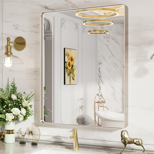 LOAAO Brushed Nickel Bathroom Mirror - 28X36 Inch Rounded Rectangle Design | Anti-Rust & Shatterproof