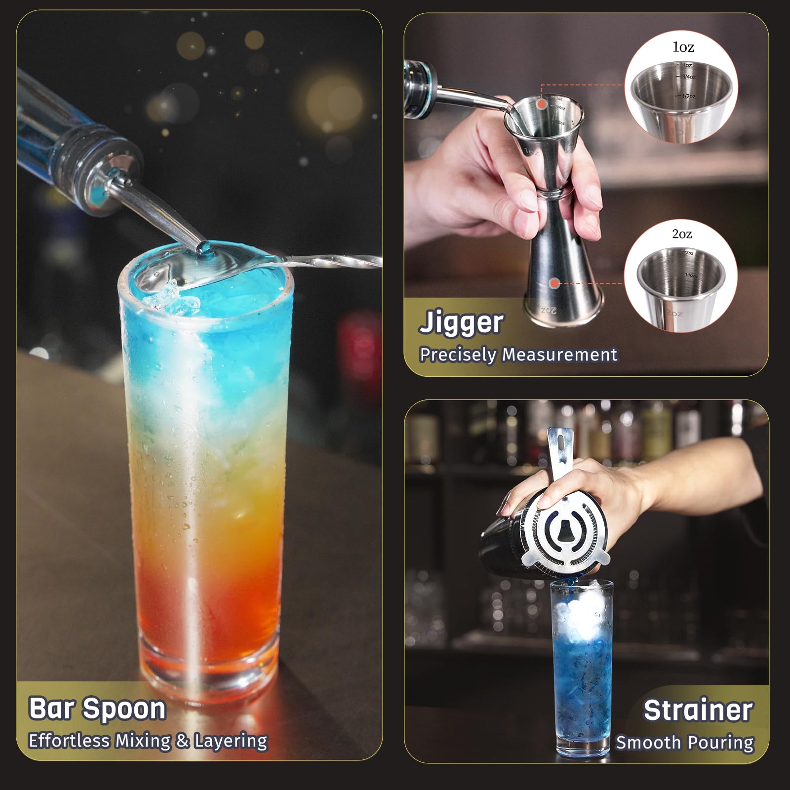 Nexsujo Boston Cocktail Shaker Set, 4-Piece Bar Tools Set, Professional Bar Set with Boston Shaker, Bar Spoon, Jigger, Hawthorne Strainer, Stainless Steel, Dishwasher Safe, Ideal Bartender Kit for Bar