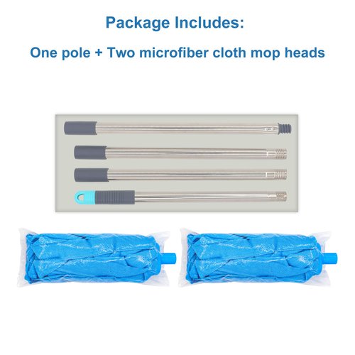EaseYourDay Screw On Microfiber String Mop, One Stainless Steel Pole + Two Blue Microfiber Cloth Mop Heads