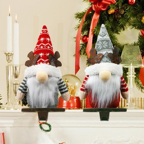 Aoutrow 2 Pack Christmas Gnome Stocking Holders, 11 Inches Plush Elk Gnomes Figurines Hanging Hooks for Stockings, Metal Stocking Hangers for Fireplace, Mantle, Shelves Christmas Decorations