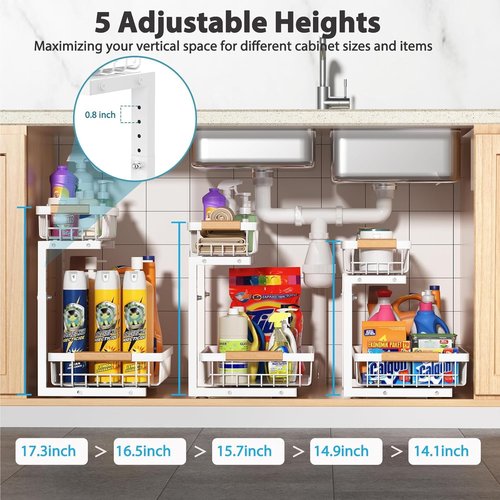 Liuoud Under Sink Organizer - 2 Pack Adjustable 2-Tier Storage Solution for Kitchen & Bathroom Cabinets - White