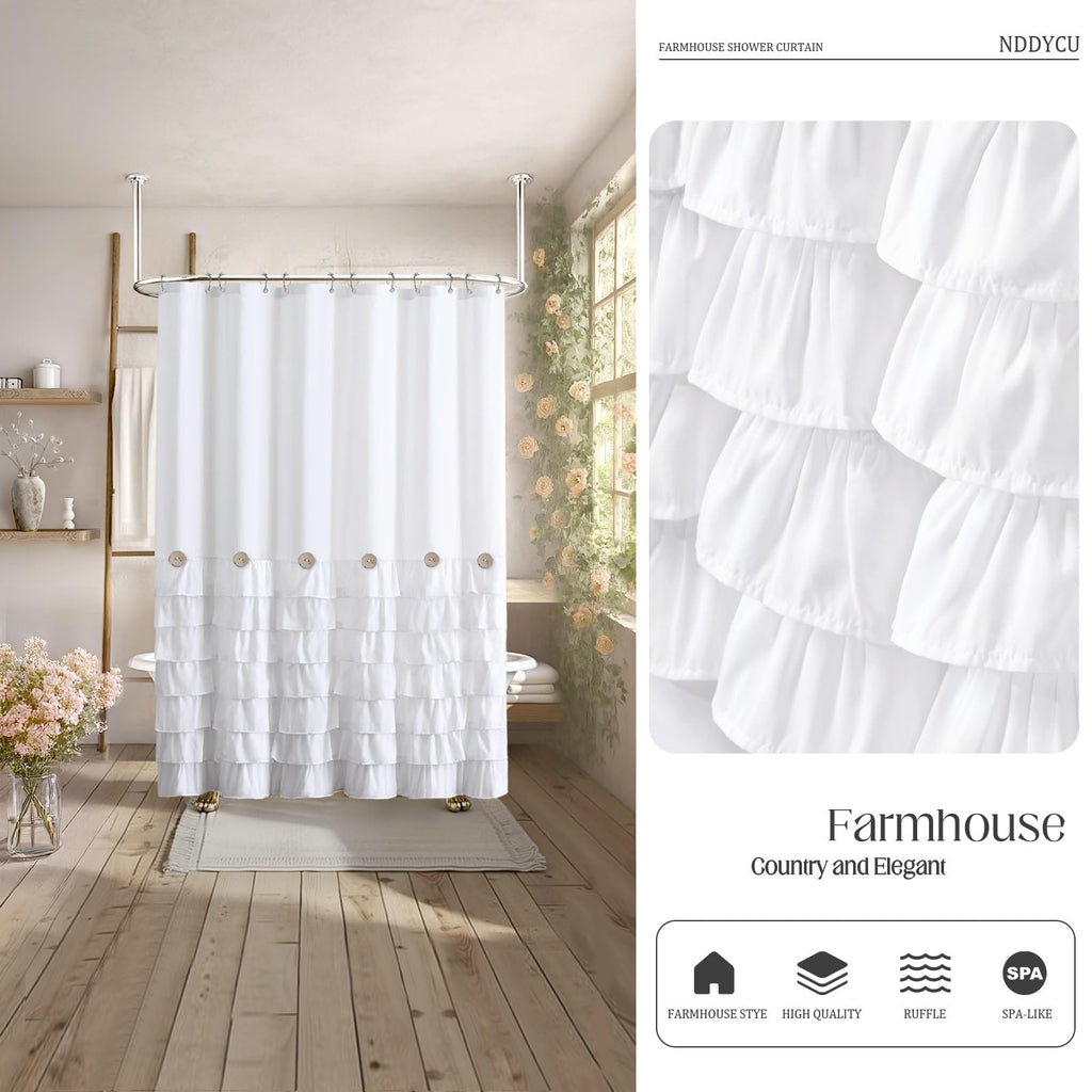 NDDYCU Ruffle Farmhouse Shower Curtain, White Vintage Shower Curtains for Bathroom Fabric Cute Rustic Cloth, 72" W X 72" L Inch