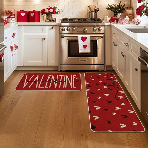 Artoid Mode Red Black Love Heart Hello Valentine's Kitchen Mats Set of 2, Home Decor Low-Profile Kitchen Rugs for Floor - 17x29 and 17x47 Inch