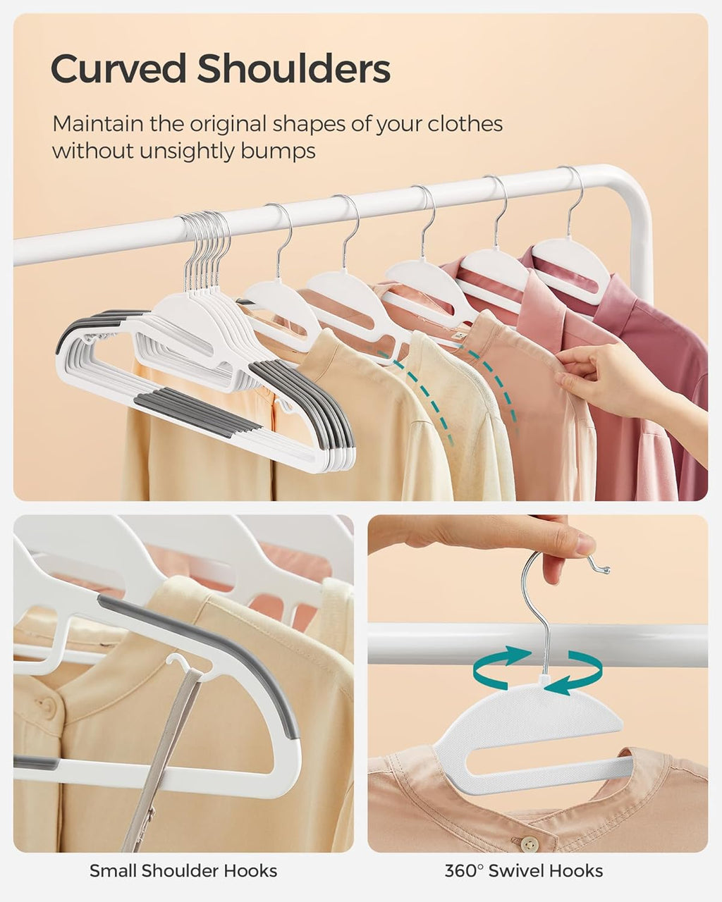SONGMICS Heavy-Duty Plastic Coat Hangers - Space-Saving Design with 360º Swivel Hook | 16.3 Inches Wide, Cloud White & Dark Gray