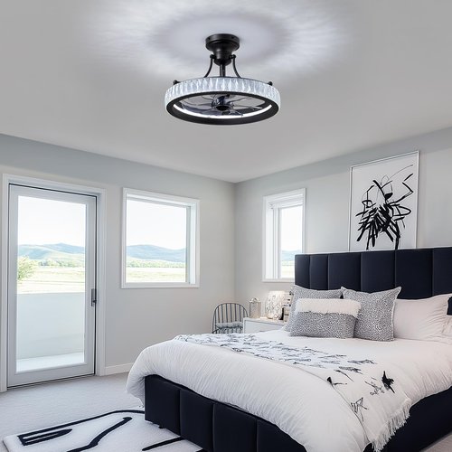 CROSSIO 20" Crystal Chandelier Black Ceiling Fan with Light Fandelier Ceiling Fan with Light Modern Chandelier Fan 6 Wind Speeds LED Fandelier with APP&Remote Control for Bedroom Living Room Kitchen