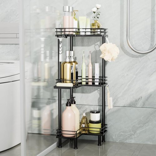Consumest 3-Tier Corner Shower Caddy - Stainless Steel Organizer with Soap Holder & 4 Hooks, Black