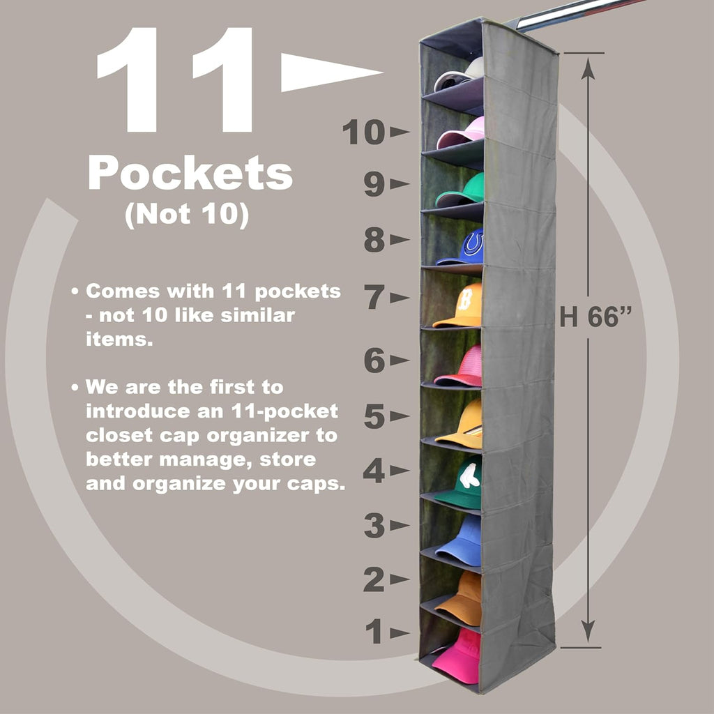 Perfect Curve 11-Pocket Baseball Hat Organizer - Gray Hat Storage Rack for Closet, Holds 100 Caps
