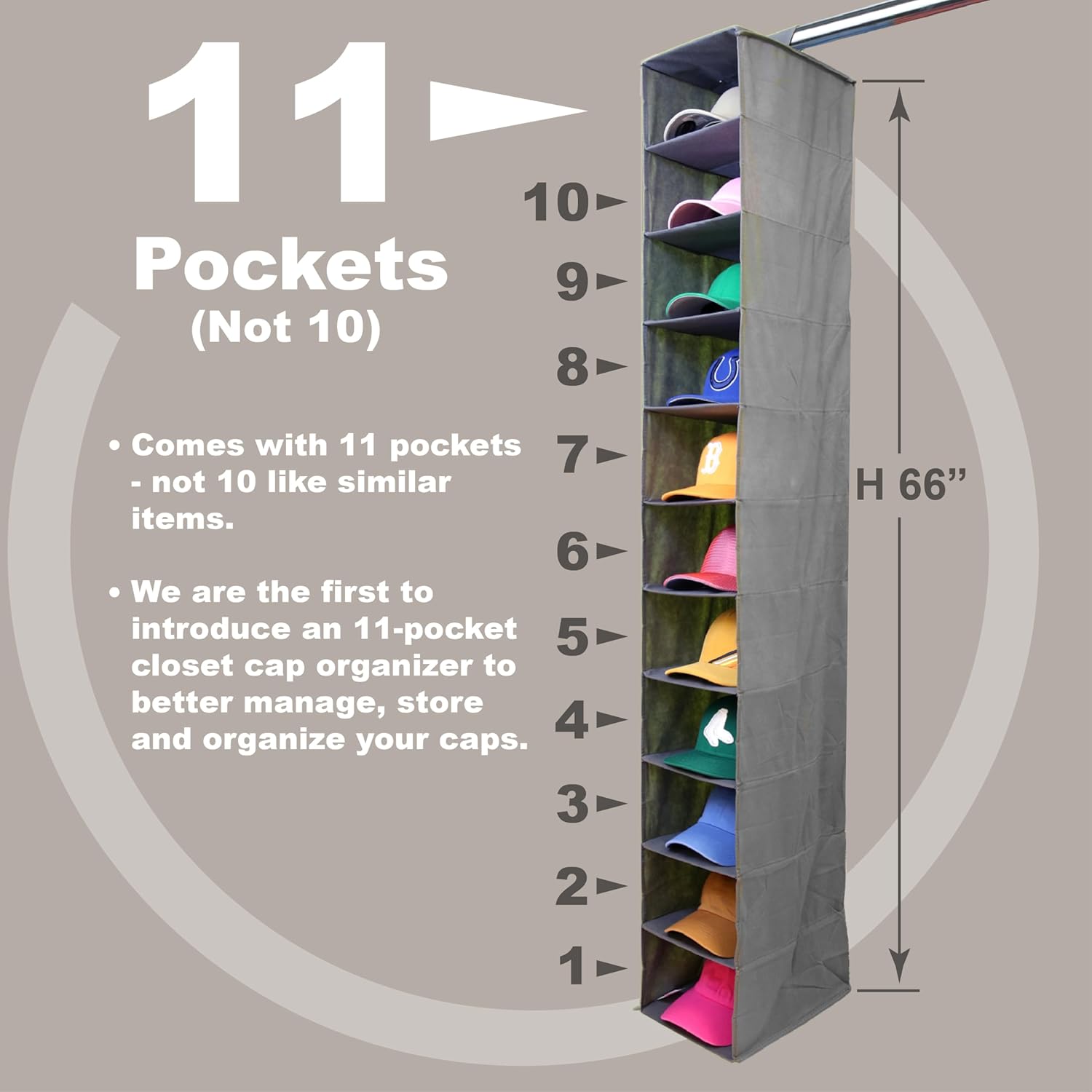 Perfect Curve 11-Pocket Baseball Hat Organizer - Gray Hat Storage Rack for Closet, Holds 100 Caps