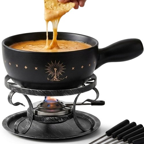 Artestia Ceramic Fondue Pot Set for Cheese & Chocolate, 2L Fondue Set for 6 People with Burner, Stand & Forks, Swiss Style Melting Pot for Party, Date Night & Gift