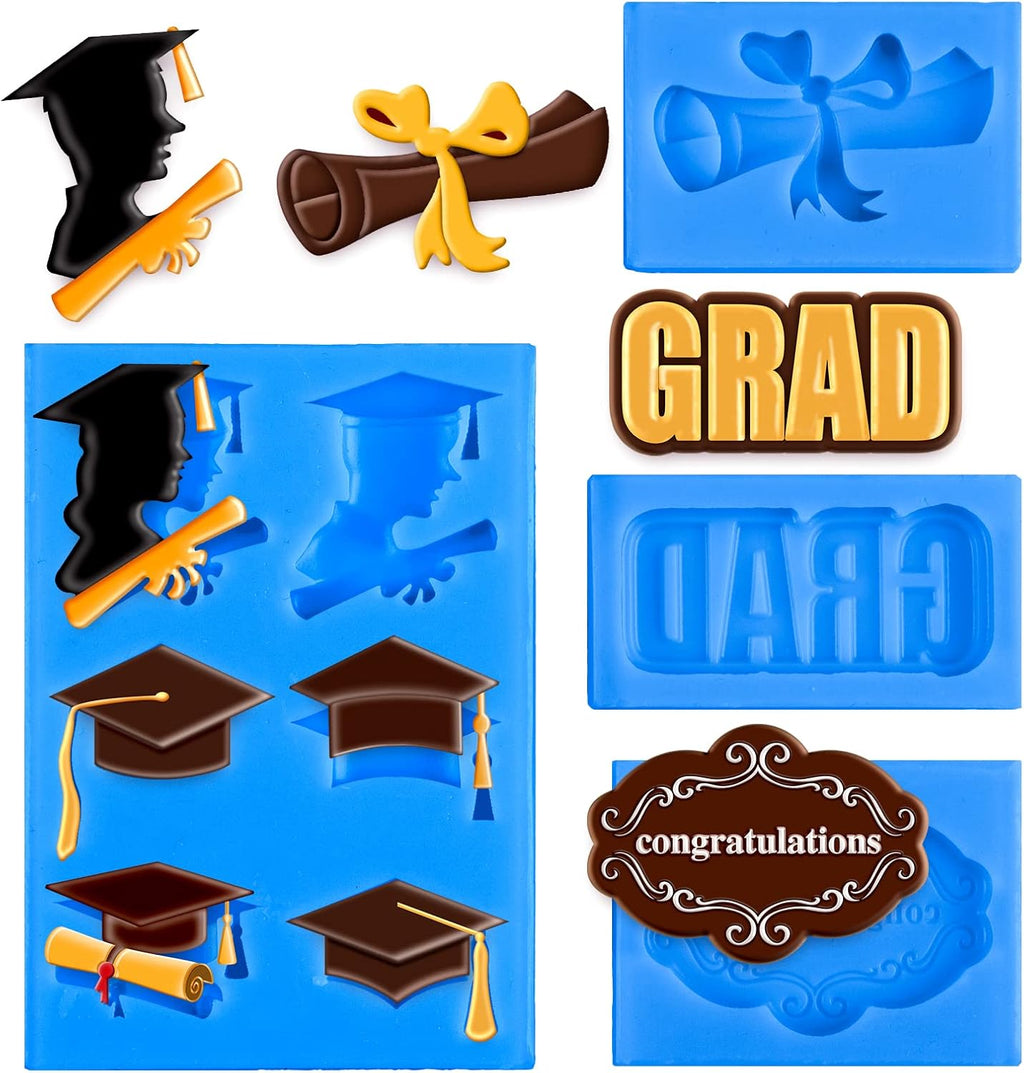 Whaline Graduation Mini Fondant Molds - 4 Pack Silicone Caps & Diplomas for Cake Decoration | Blue