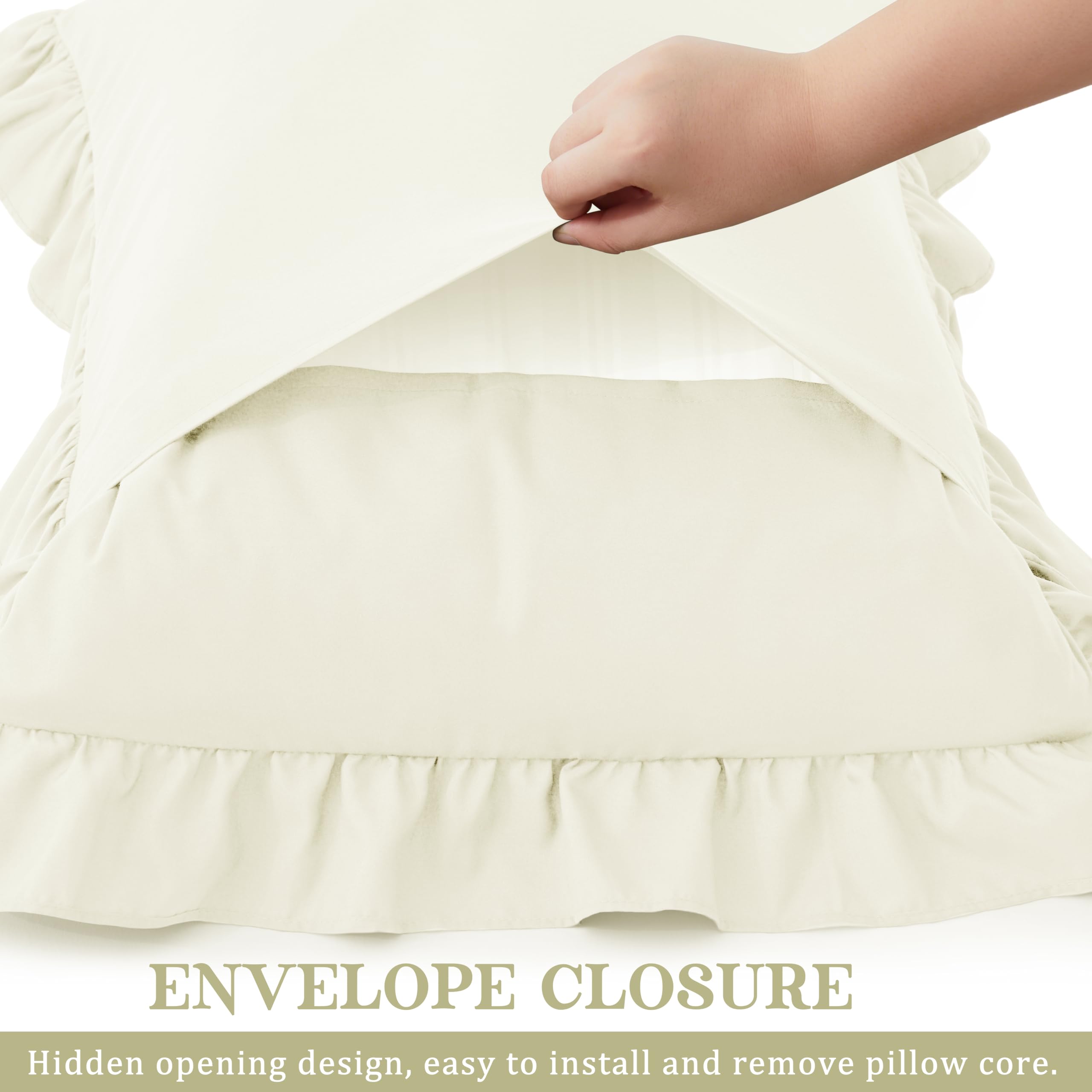 KKJIAF Ruffle Pillow Cases Standard Size Set of 2, Ruffled Pillow Covers with Envelope Closure, Wrinkle Resistant Ruffled Pillow Shams 20" x 26", Beige