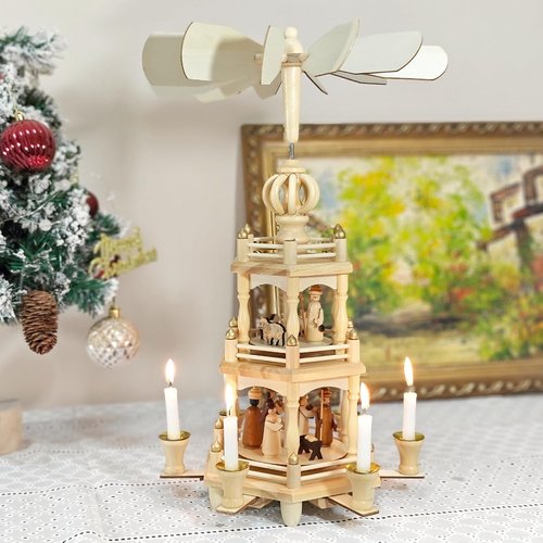 Christmas Pyramids | 18-Inch Wooden Nativity Scene Carousel with 6 Candle Holders - 3 Tiers