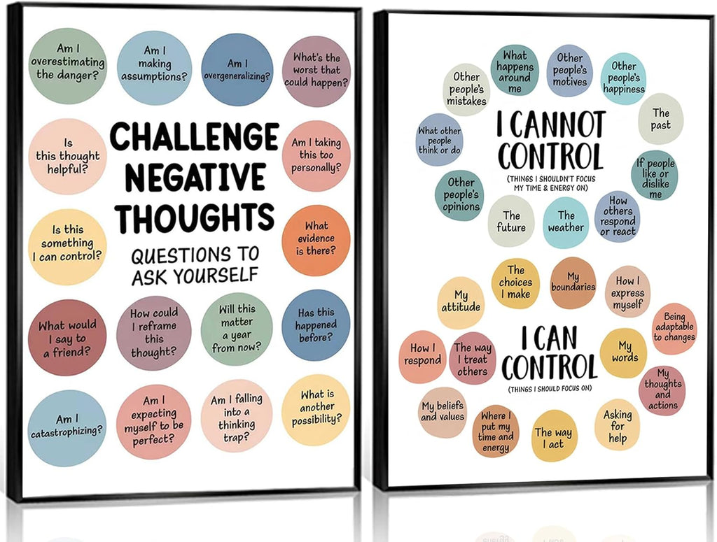 2Pcs Mental Health Wall Art - Motivational Canvas Prints for Challenging Negative Thoughts | 12x16in Unframed Decor