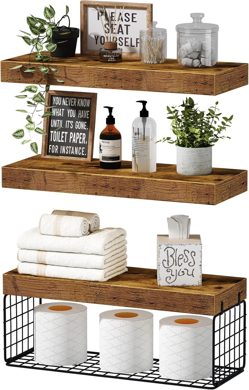 QEEIG Floating Shelves Set - Farmhouse Style 16-Inch Shelves & Over Toilet Storage | 2+3 Bundle
