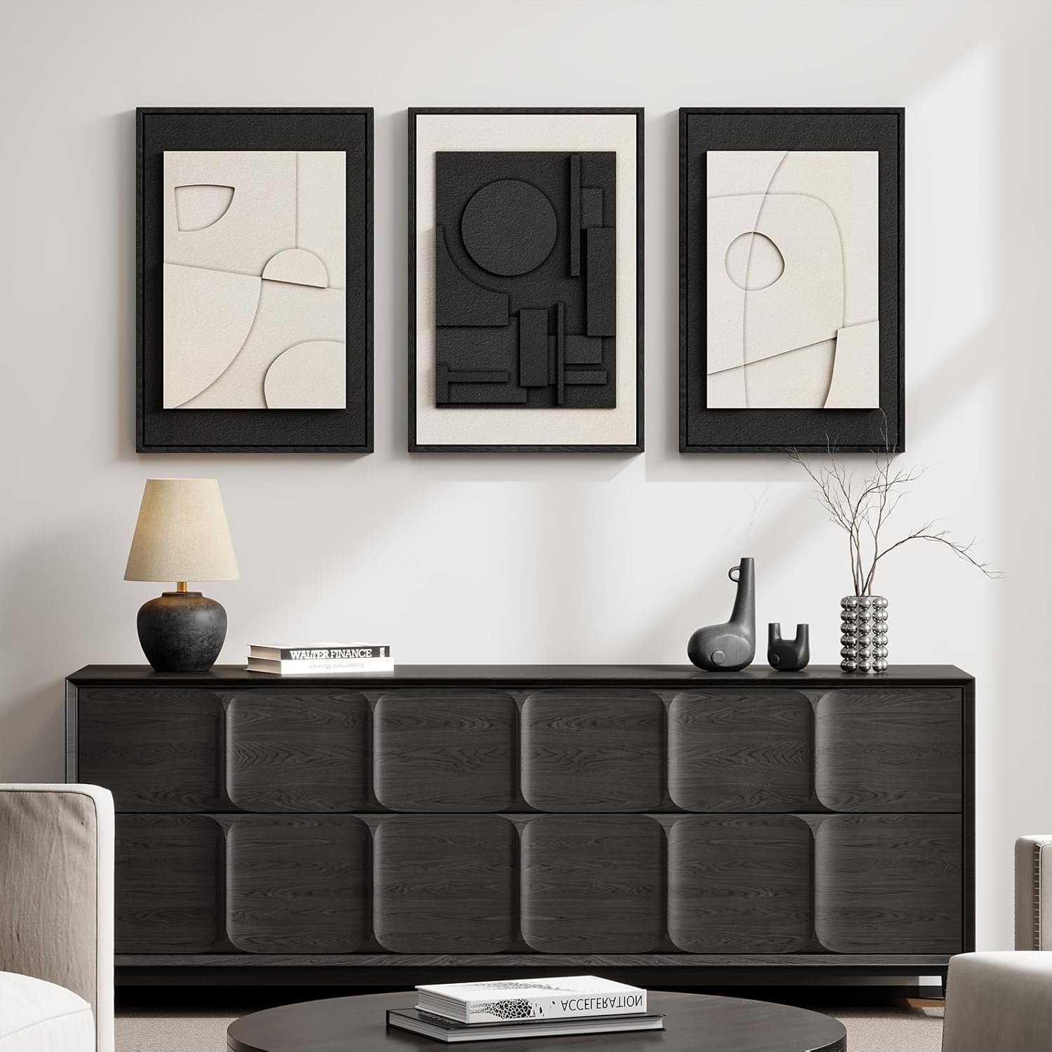 Skiennix 3D Textured Black & White Abstract Wall Art - Modern Minimalist Paintings | 16x24 In, 3 Piece Set
