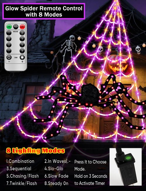 LCHUANG Spider Webs Halloween Decor Lights - 450 LEDs Outdoor Halloween String Lights with 60" Light Up Spider,8 Modes Remote Control 16.4Ft Spiderweb,Waterproof (New Orange-Purple Grid Luminous Net)