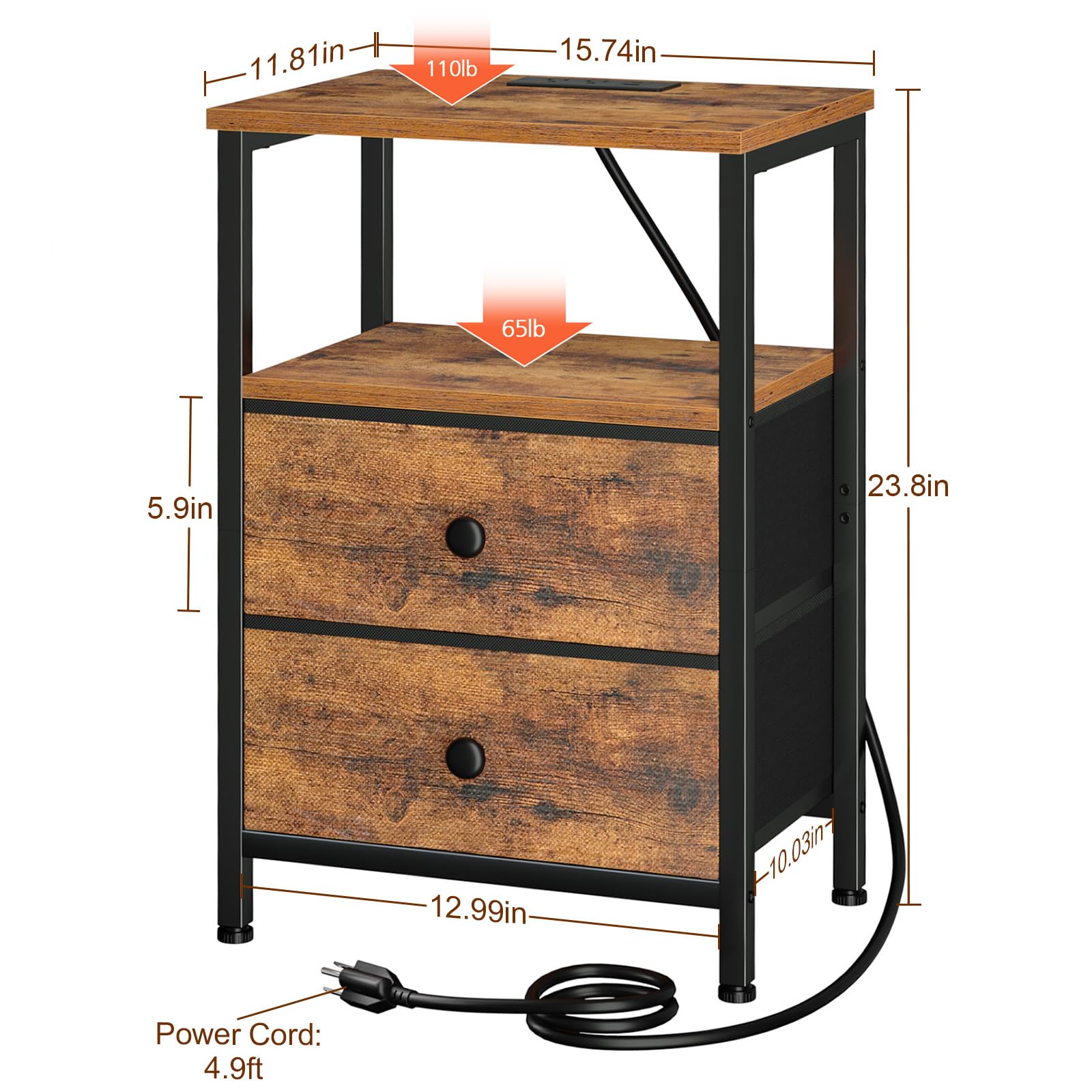 LOAKEKEL Night Stand with Charging Station, Small Bedside Table with 2 Fabric Drawers, Nightstand with USB Ports & Outlets for Bedroom, Brown, HETS020BR-1