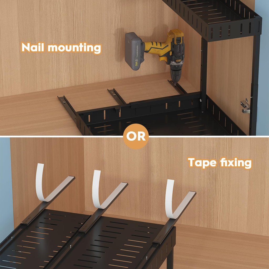 REALINN Under Sink Organizer, 2 Tier Expandable Under Cabinet Organizer, Heights Adjustable Pull Out Storage for Kitchen Bathroom Laundry, Black, 2 Pack