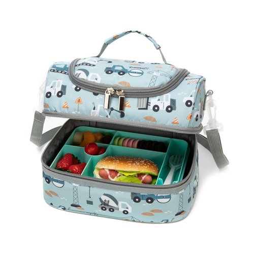 Khulula Insulated Kids Dual Compartment Lunch Bags Tote Pack for Girls Boys Toddler Kindergarten School Picnic Food Cooler Boxes with Shoulder Strap (LightBlue Car, Double Decker)