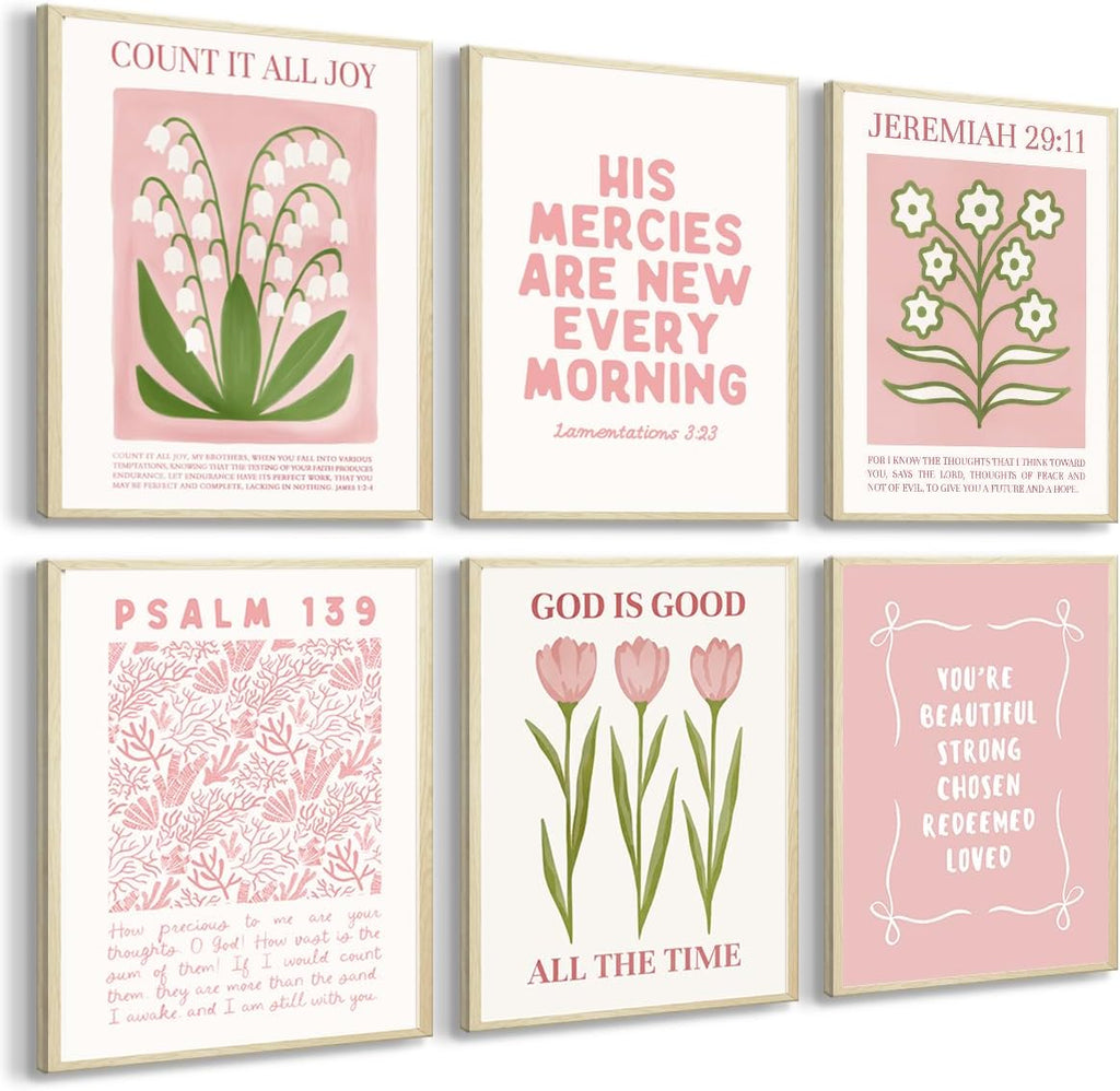 Skiennix 6Pcs Pink Bible Verse Wall Art - Floral Scripture Quotes for Bedroom & Living Room | 8x10 Inch Unframed