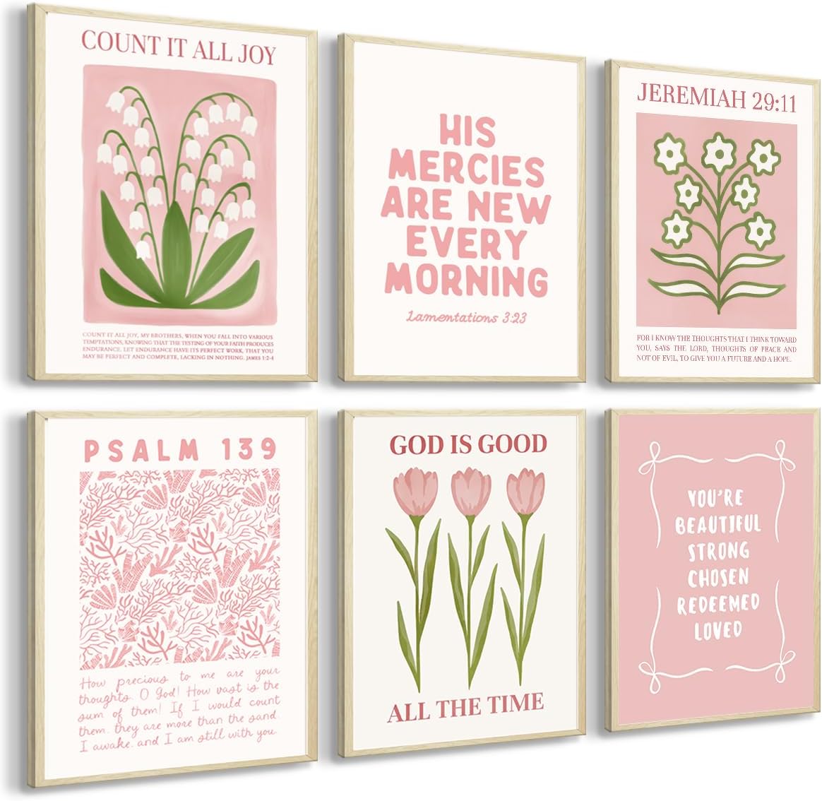 Skiennix 6Pcs Pink Bible Verse Wall Art - Floral Scripture Quotes for Bedroom & Living Room | 8x10 Inch Unframed