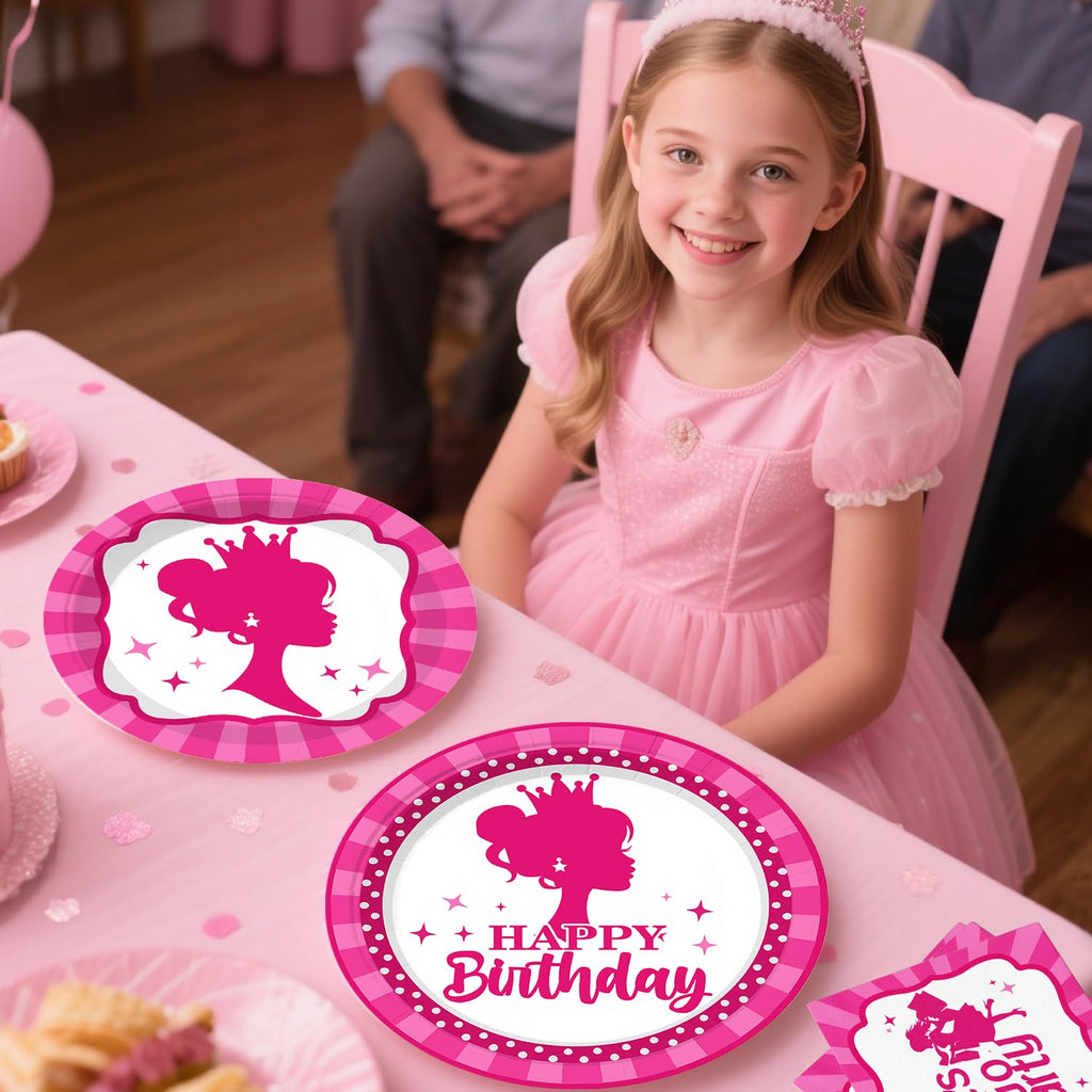 276PCS Hot Pink Birthday decorations Tableware Set Serve 20 Guests, Glitter Happy Birthday Banners, Hanging Swirls, Backdrops, Foil Balloons, Tableware Set, Photo Props for Girls