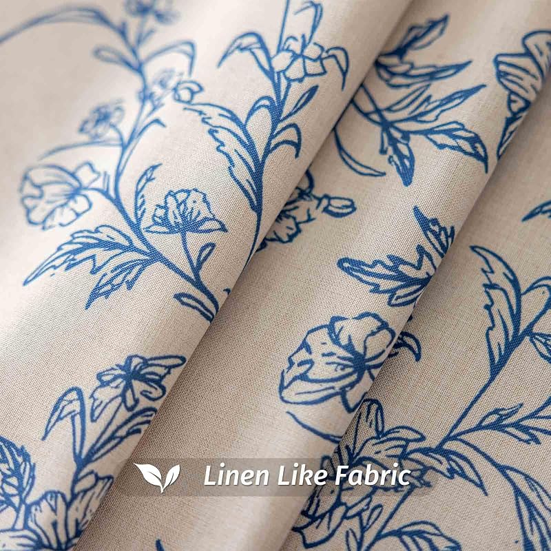 Round Tablecloth 70 Inch - Faux Linen Water-Resistant Floral Blue, 70" Diameter