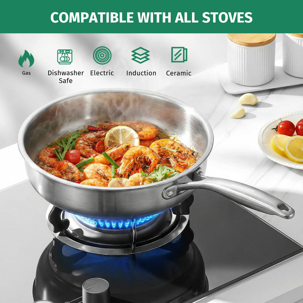 KEGDAN 12 Inch Stainless Steel Pan, 5pcs Tri-Ply Stainless Steel Frying Pan with Lid, Dishwasher & Oven Safe, Induction Cooking Skillets, Fast & Even Heat and Detachable Handle
