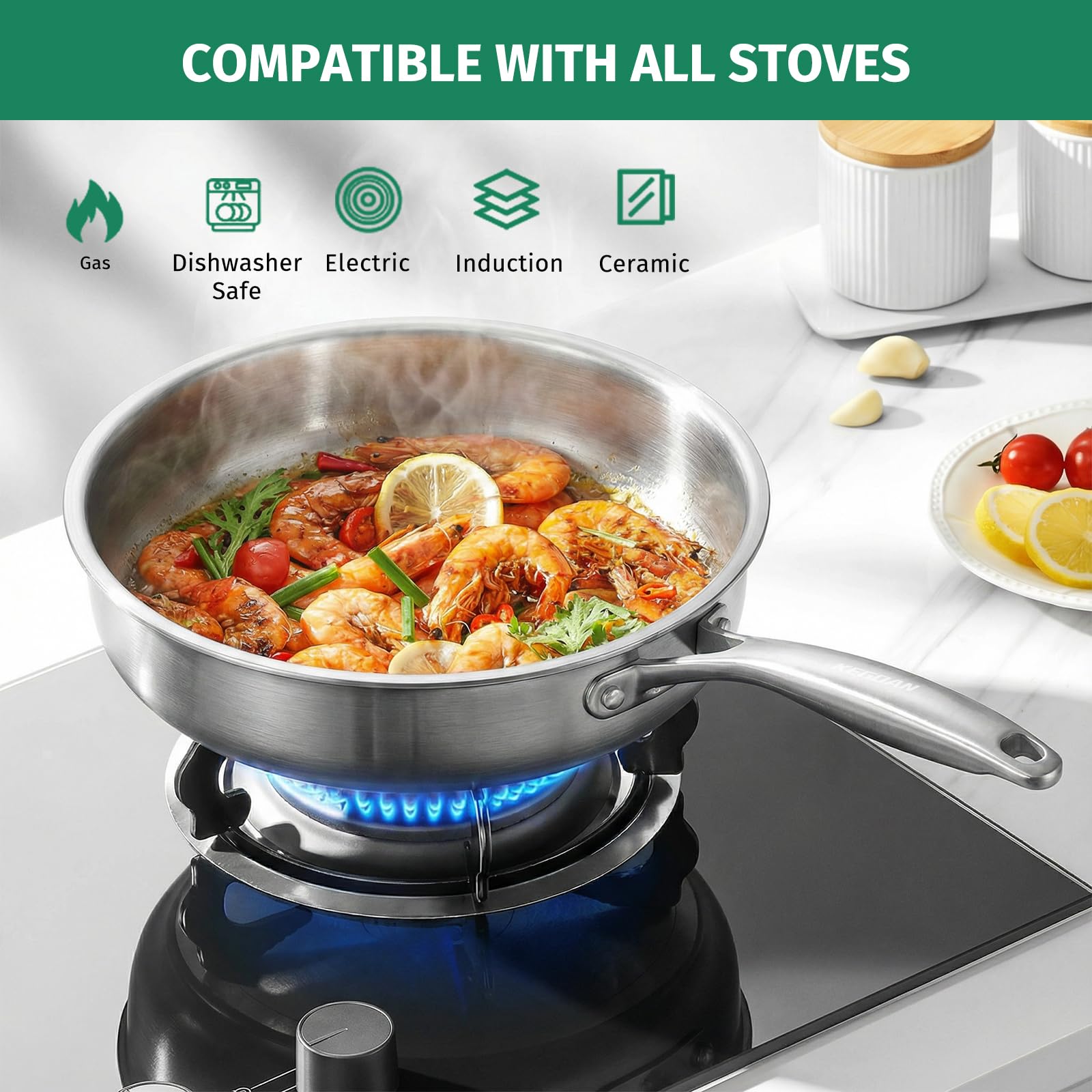 KEGDAN 12 Inch Stainless Steel Pan, 5pcs Tri-Ply Stainless Steel Frying Pan with Lid, Dishwasher & Oven Safe, Induction Cooking Skillets, Fast & Even Heat and Detachable Handle