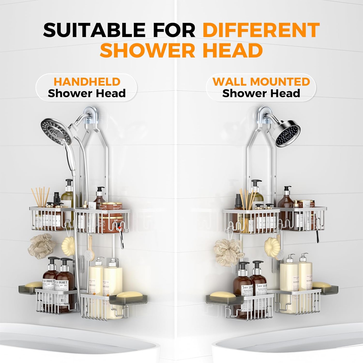 Reinhardt Aluminum Shower Caddy - Rustproof Adjustable Hanging Organizer with Hooks | Silver Finish