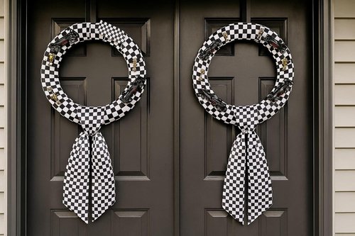 Checkered Racing Wreath Sash - Black & White Tie Bow for Race Car Holiday Decor | DIY Home Accessories
