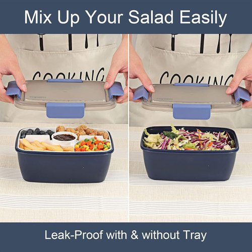 Caperci Large Salad Container Bowl - 68 oz Bento Lunch Box with 5 Compartments & 2 Sauce Cups | Stackable, BPA-Free (Navy)