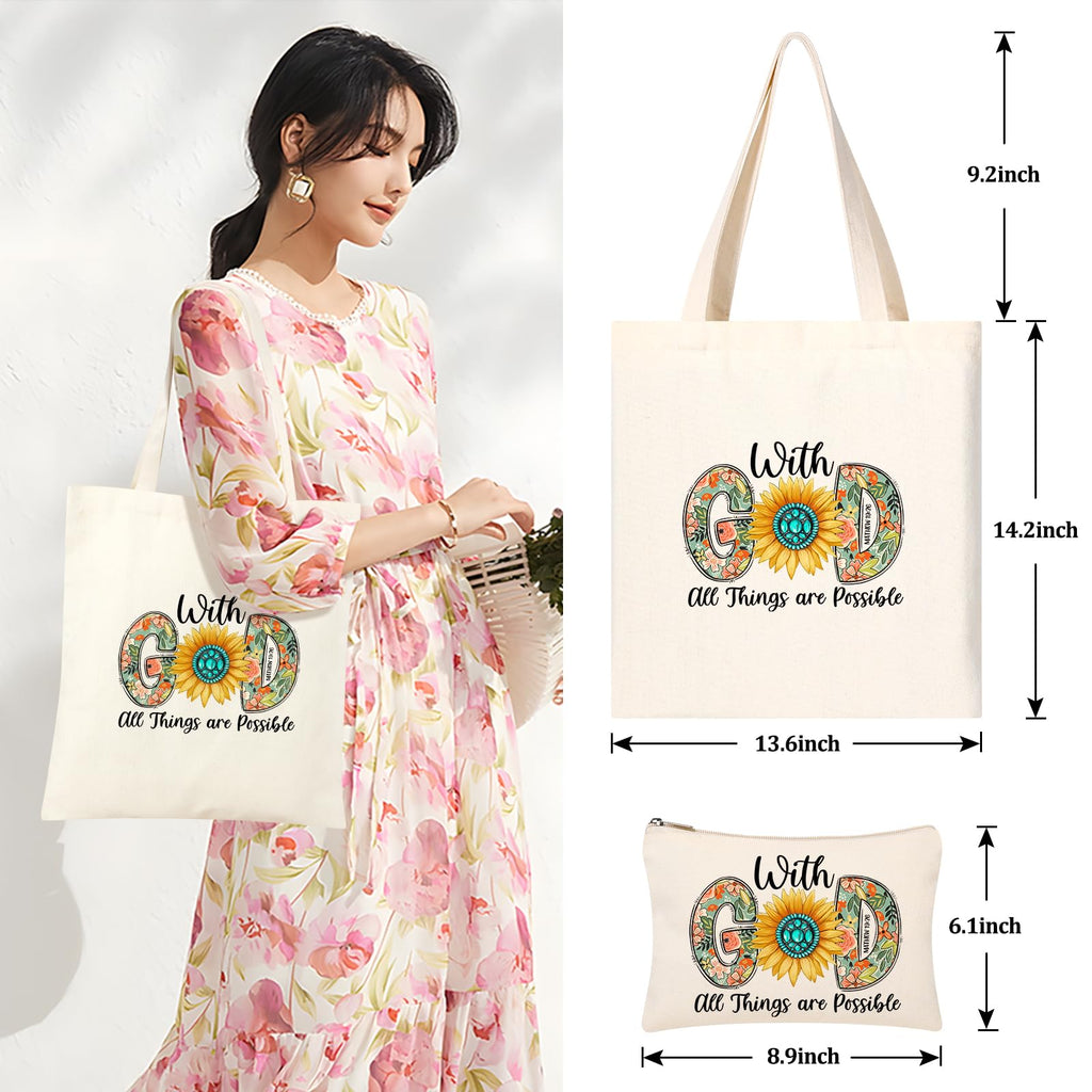 Tecanne Christian Gifts for Women, Canvas Tote Bag with Makeup Bag, Inspirational, Religious, Spiritual, Birthday, Christmas Gifts for Women Her, Mom, Wife, Girlfriend, Sisters, Best Friends