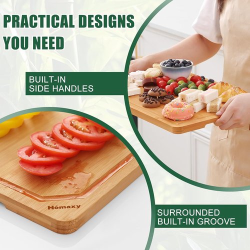 Homaxy Organic Bamboo Cutting Boards Set - 3-Piece Kitchen Boards with Juice Groove & Handles | Ideal for Meat, Fruits & Vegetables