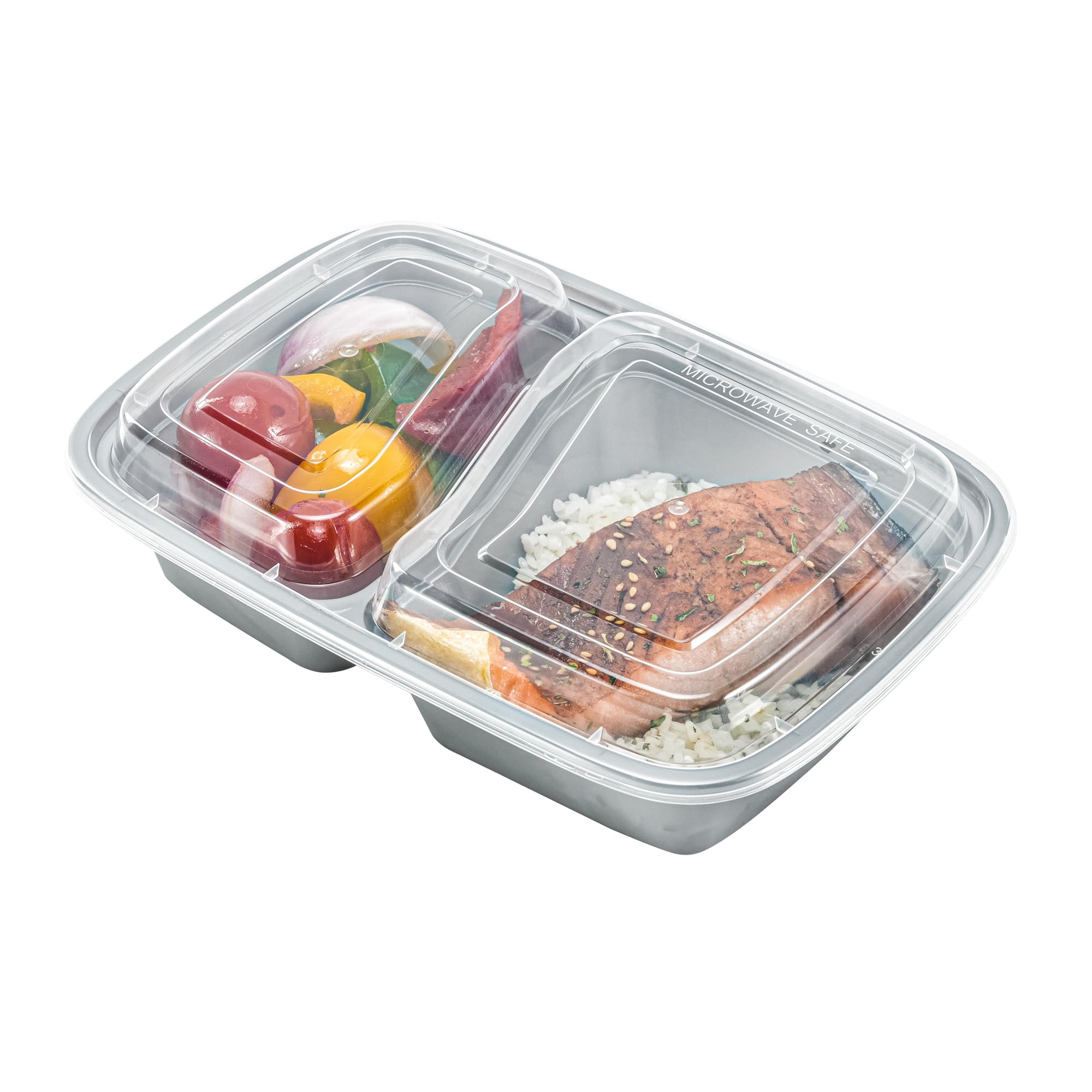 Restaurantware-Asporto 26 Ounce Compartment Take Out Boxes, 100 Microwavable Meal Prep Containers - 2 Compartments, With Clear Plastic Lids, Silver Plastic Food Containers, Do Not Contain BPA