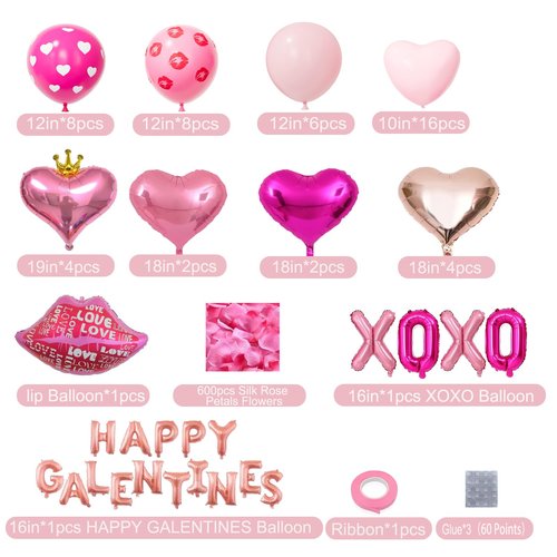 Happy Galentines Day Decorations Kit, Rose Gold Happy Galentines Banner with Heart, XOXO, Lips Foil Balloons, Rose Petals for Galentine’s, Valentines Decorations Party
