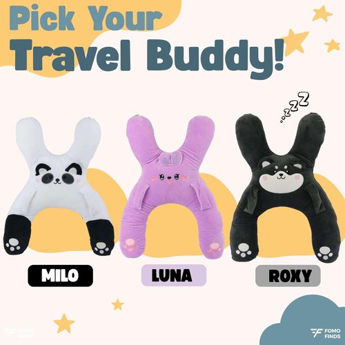 FOMO Finds Kids Car Sleeping Pillow - X-Shaped Plush Animal for Neck & Back Support - Hands & Seat Belt Slot - Machine Washable & Compressible - Perfect for Car, Plane, Train, Boat & More - Purple