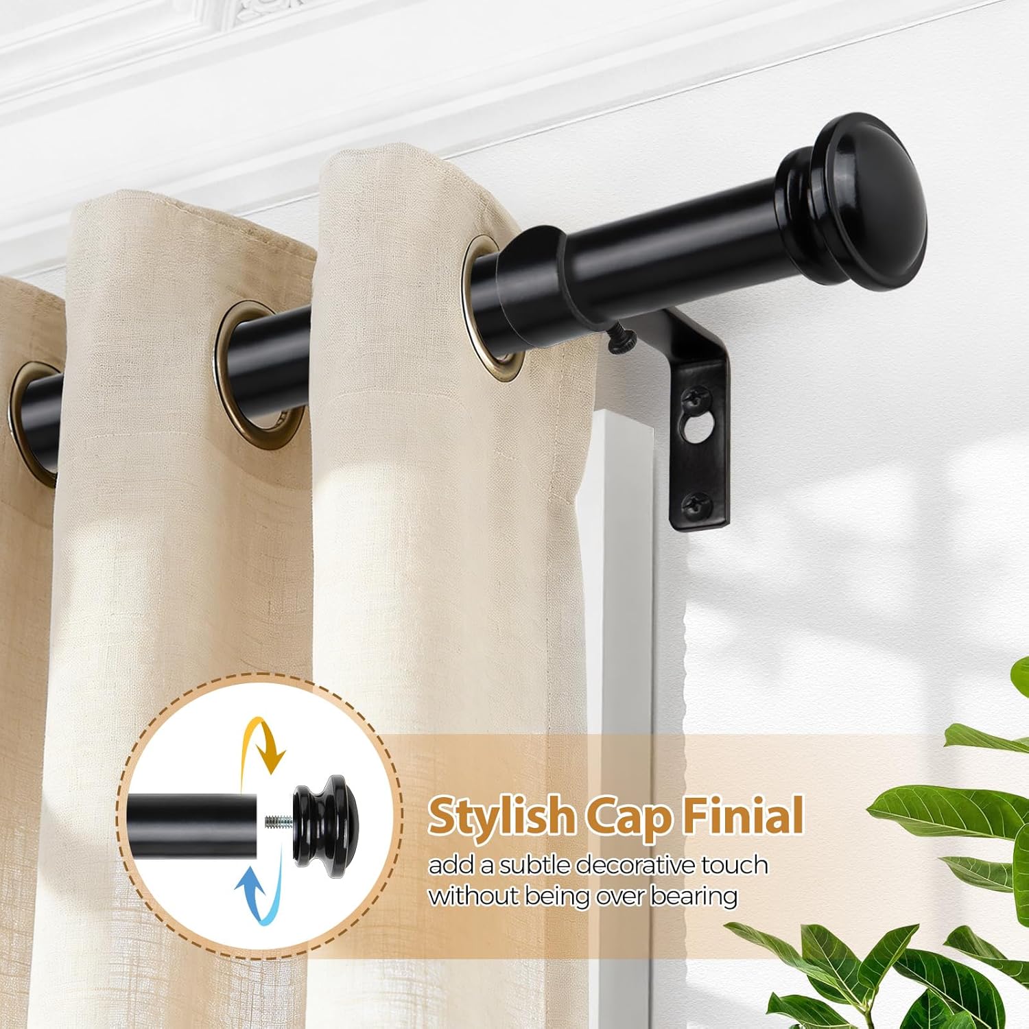 TONIAL Curtain Rod - Telescoping 3/4" Drapery Rod for Windows 20-53 Inch | Black Finish, Decorative Design