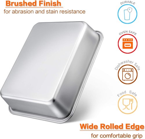 E-far Lasagna Pan Set - 2 Rectangular Deep Baking Pans | Stainless Steel, Non-Toxic, Dishwasher Safe, 10.6x8.3x3.2 Inches