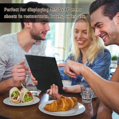 FLKQC Restaurant Menu Covers Holders 4.25" x 11" | 10 Pack 8 View Synthetic Leather Menu Holder Black for Wine List, Drinks, Commercial Menu Holder (10, Five Fold Panels (4.25 x 11 inch))