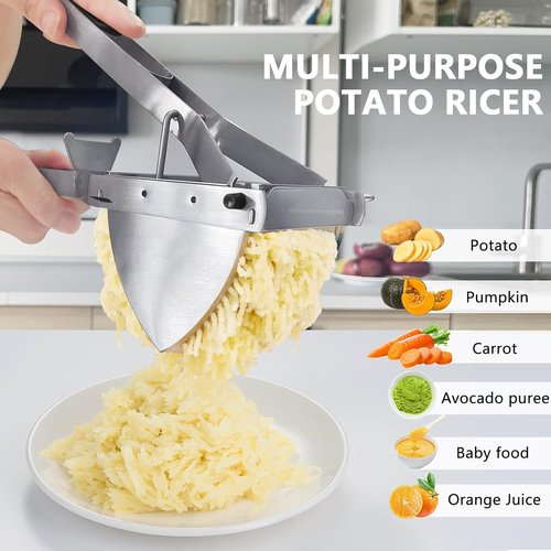LHS Stainless Steel Potato Ricer & Masher - Heavy Duty, Ergonomic Grip, Extra Large Capacity, Dishwasher Safe - Black