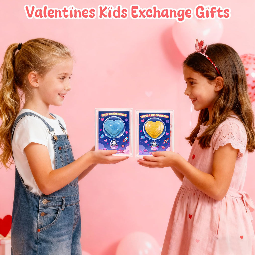 Valentines Day Cards for Kids School with Heart Gemstone Necklaces, Valentines Exchange Gifts Bulk with 24-Pack Unique Gemstone Heart Crystals, Classroom Valentine Party Favors with Goody Bag
