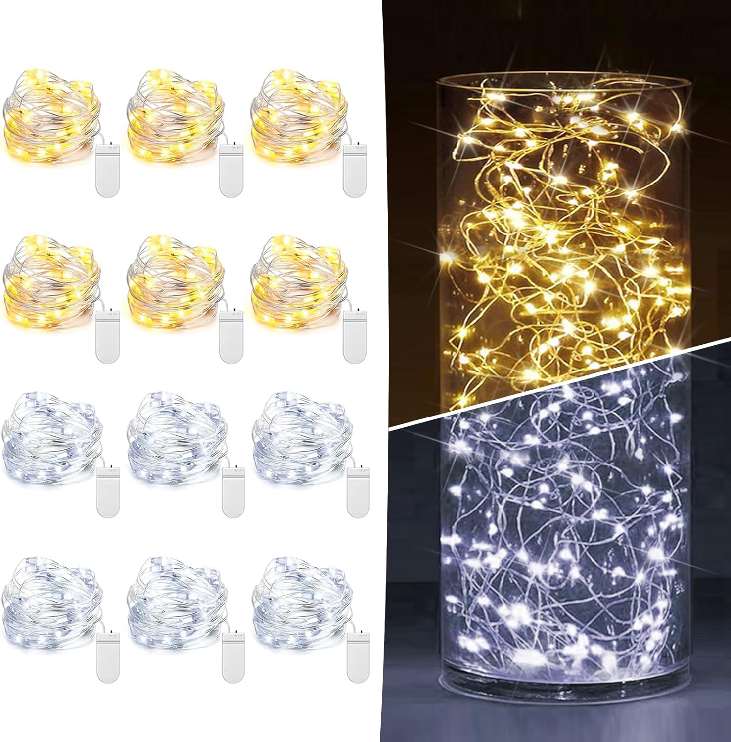 Skiennix 12-Pack Fairy Lights - Battery Operated 7ft Mini String Lights for Weddings & Decor | Warm White & Cool White