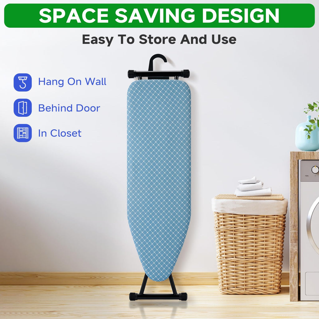 BKTD Compact Ironing Board 13 x 43, Iron Board with Heat Resistant Surface, Adjustable Height, Space Saving Table with Hook & Iron Rest for Home & Laundry Room, Diagonal Checkered Blue