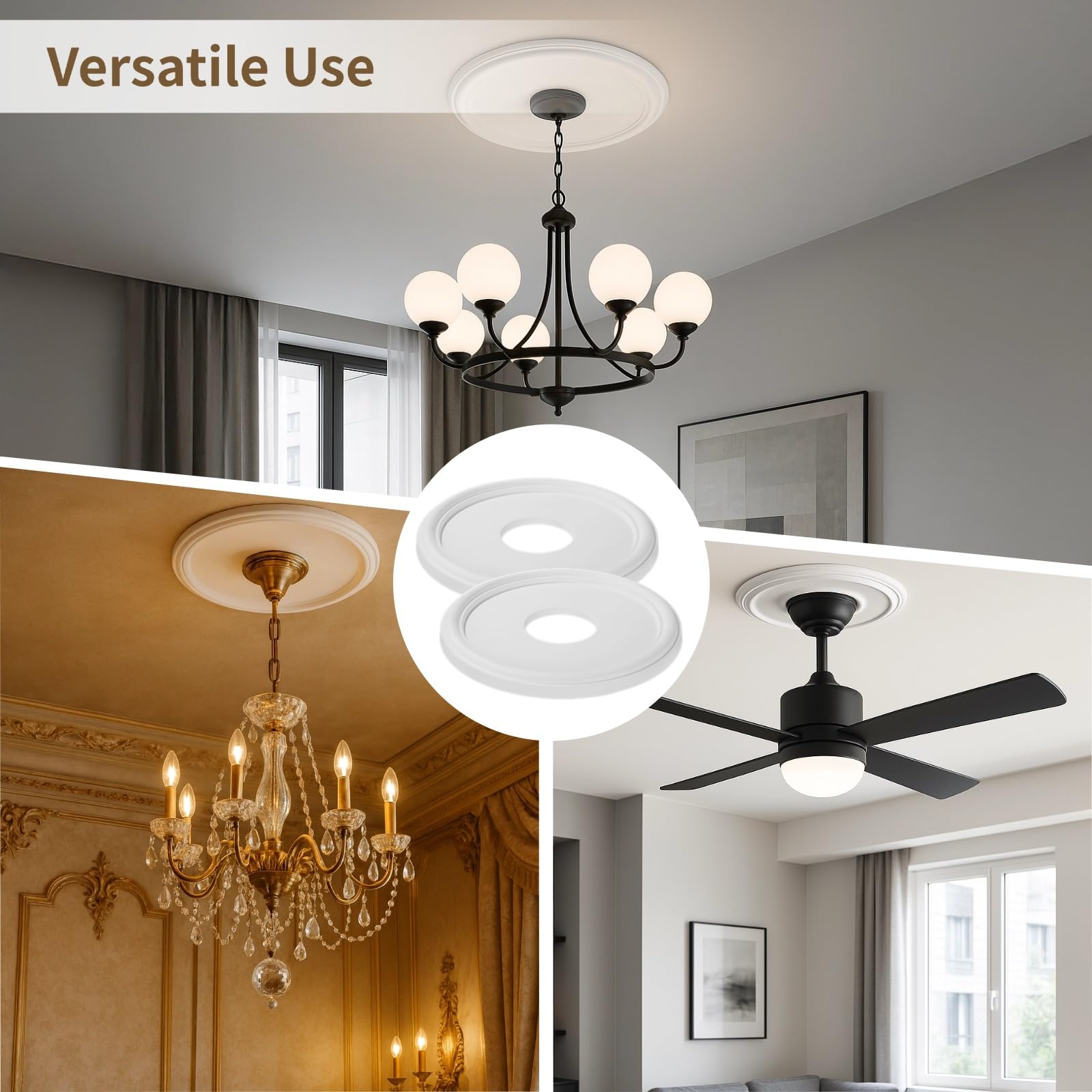 2 Pcs 13 in White PU Ceiling Medallion for Light Fixtures, Retro Lamp Panel, Easy to Install, Decorative Light Cover Plate for Chandeliers, Ceiling Fans