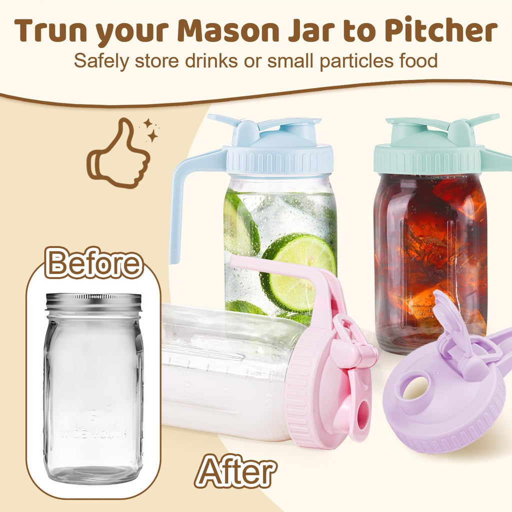 2 Pack Wide Mouth Mason Jar Lids with Leak-Proof Seal, Mason Jar Pour Spout Lid with Flip Cap and Handle, Plastic Canning Lids for Milk, Salad, Dressing, Drinking Storage Bottle, Green
